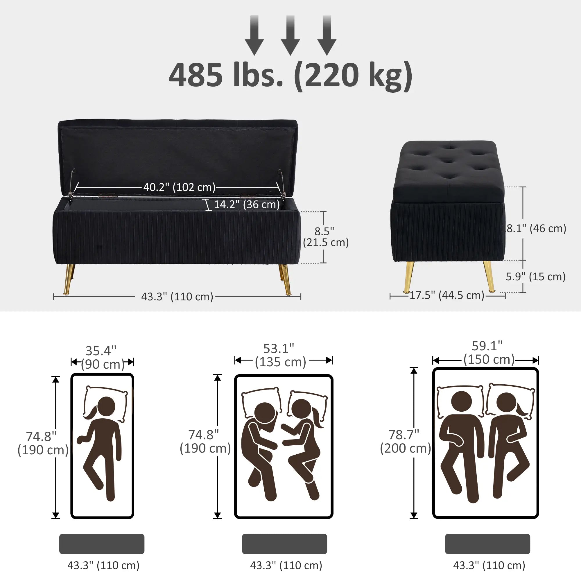 43 Inch Storage Ottoman Bench, Steel Legs, Padded Seat, Black Storage Ottomans & Benches at Gallery Canada