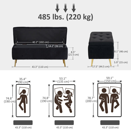 43 Inch Storage Ottoman Bench, Steel Legs, Padded Seat, Black Storage Ottomans & Benches at Gallery Canada