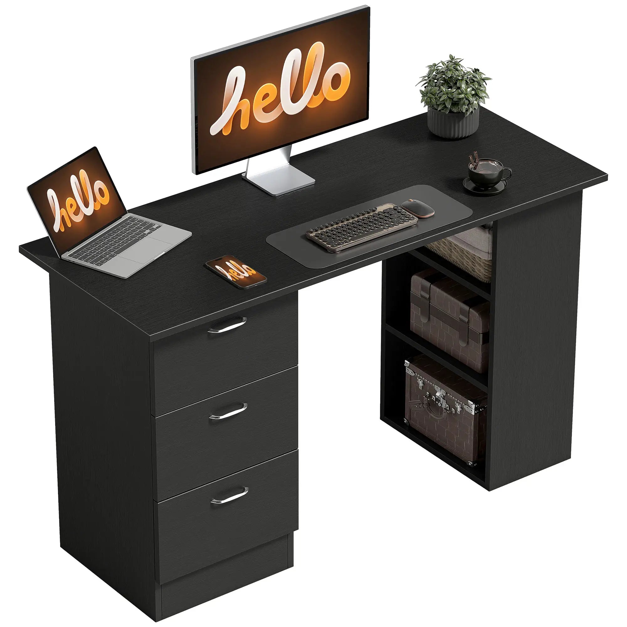 47 Inches Office Desk, 3-Tier Storage Shelves, Black Writing Desks Black at Gallery Canada