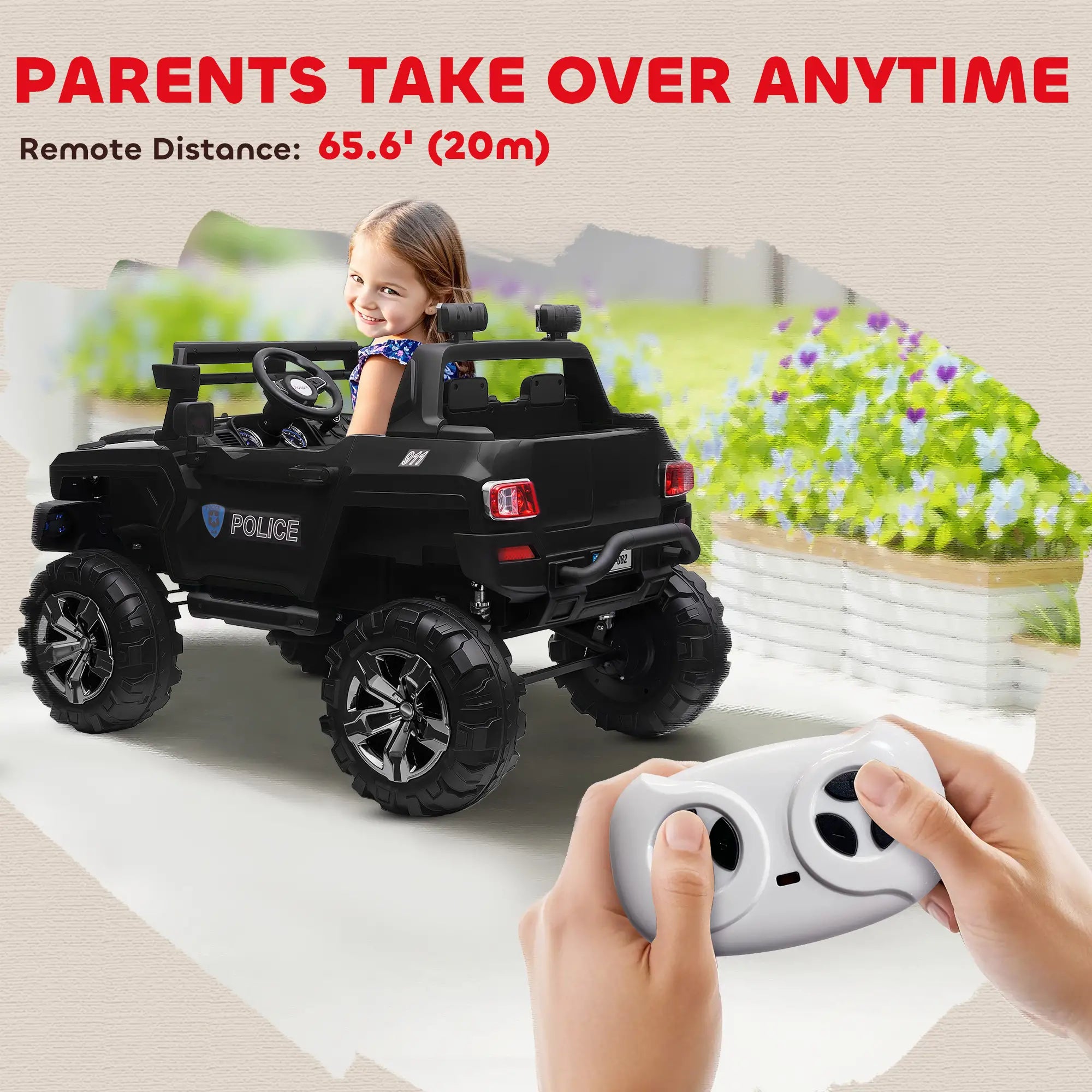 12V Ride On Police Car, 2 Seater, For Kids 3-8 Years, Remote Control, LED Lights, MP3, Black Electric Toy Cars at Gallery Canada