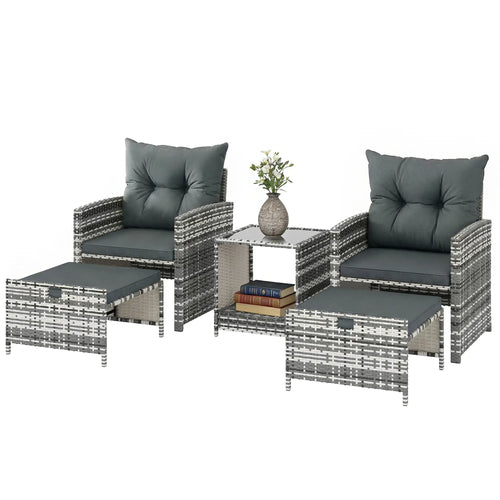 5 Piece Patio Furniture Set, Wicker Chairs, 2-Tier Glass Table, Grey/Dark Grey