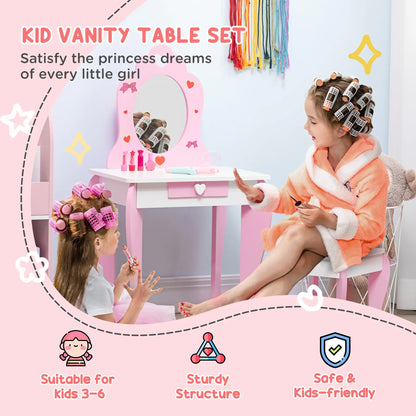 Kids Vanity Table Chair Set, Dressing Set with Mirror Drawer, 3-6 Years, Pink Kids Bedroom Furniture at Gallery Canada