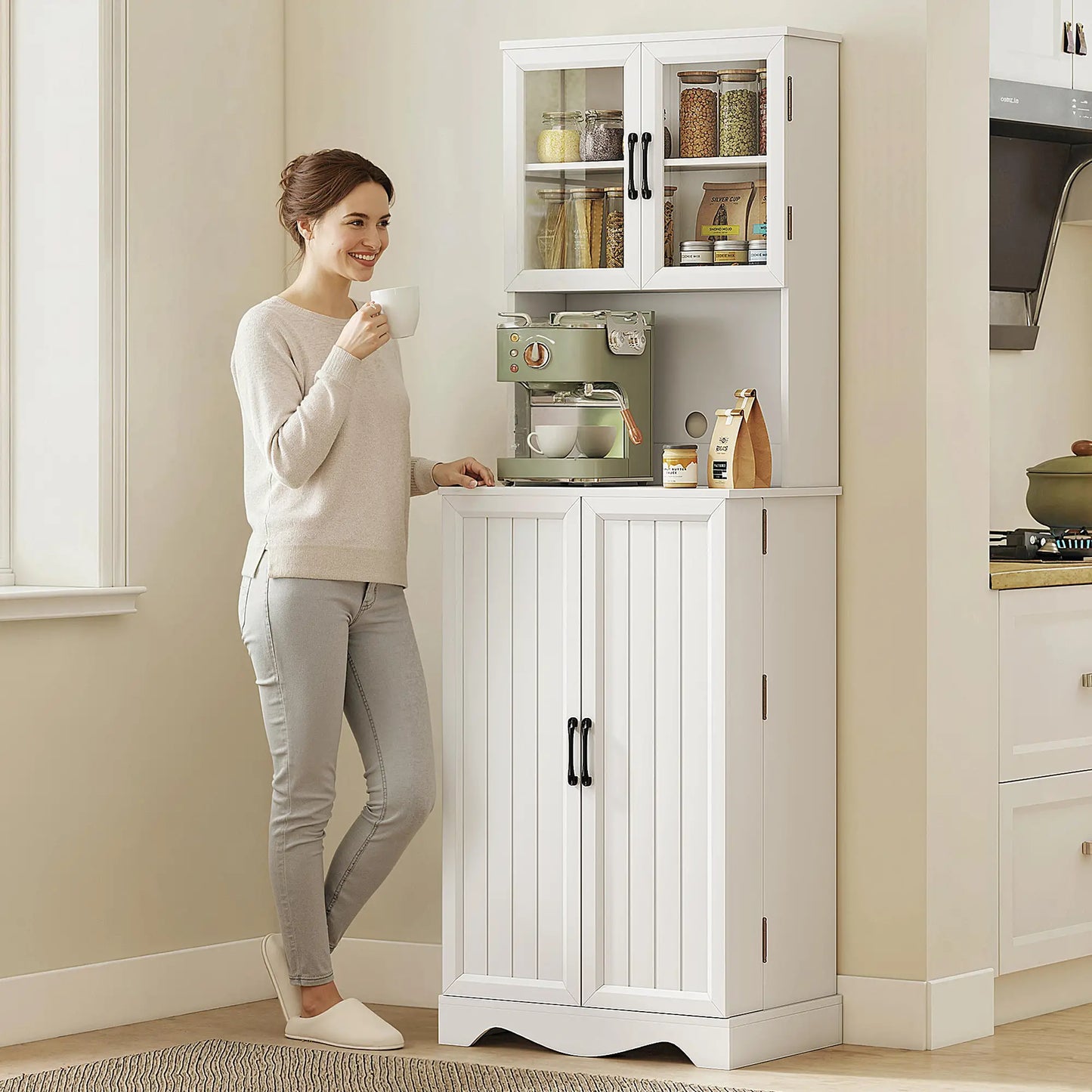 71 Inch Kitchen Pantry Cabinet, Freestanding Hutch with 8 Shelves, White Kitchen Pantry Cabinets at Gallery Canada