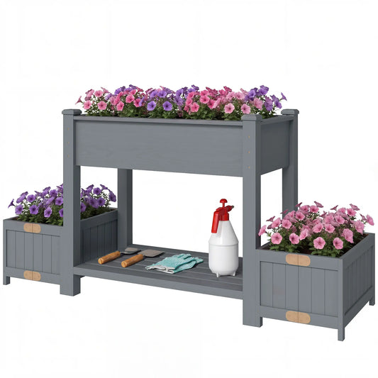 Wooden Raised Garden Bed, 2 Foldable Side Pots, Storage Shelf, Drainage Holes Elevated Garden Beds Grey at Gallery Canada