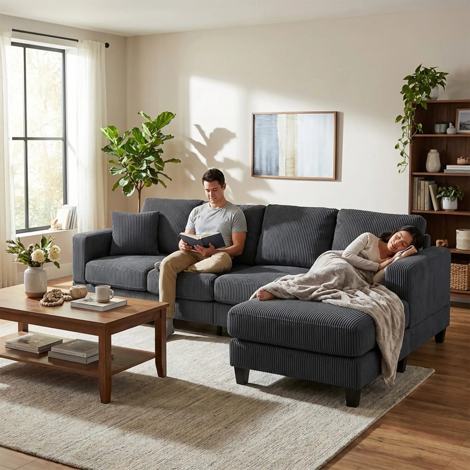 L Shaped Couch with Chaise Lounge, Spring Cushion, Charcoal Grey 3-Seater Sofas at Gallery Canada