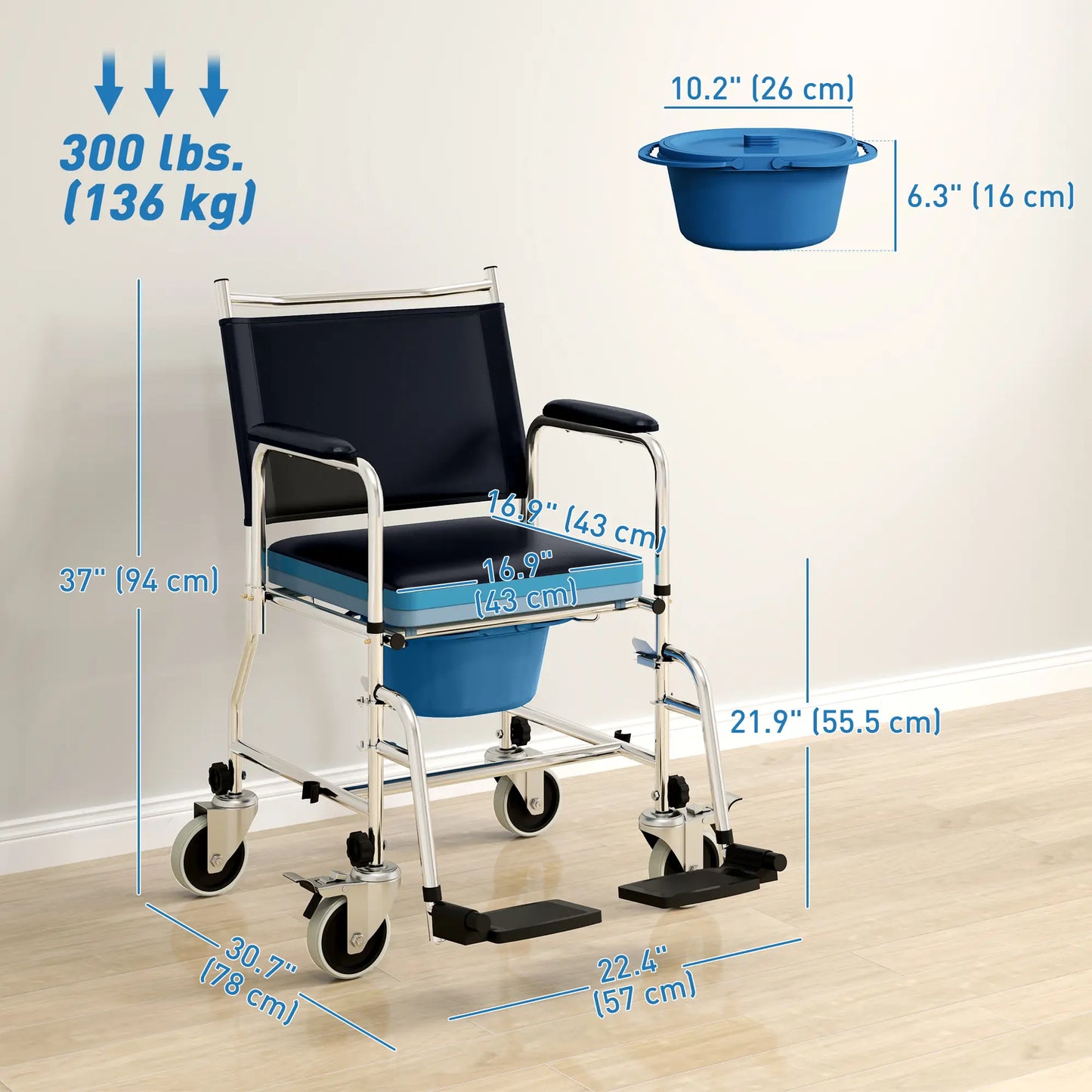 Rolling Shower Chair, Bedside Commode Wheelchair, Padded Seat, 300 lbs, Black Bath Chairs at Gallery Canada