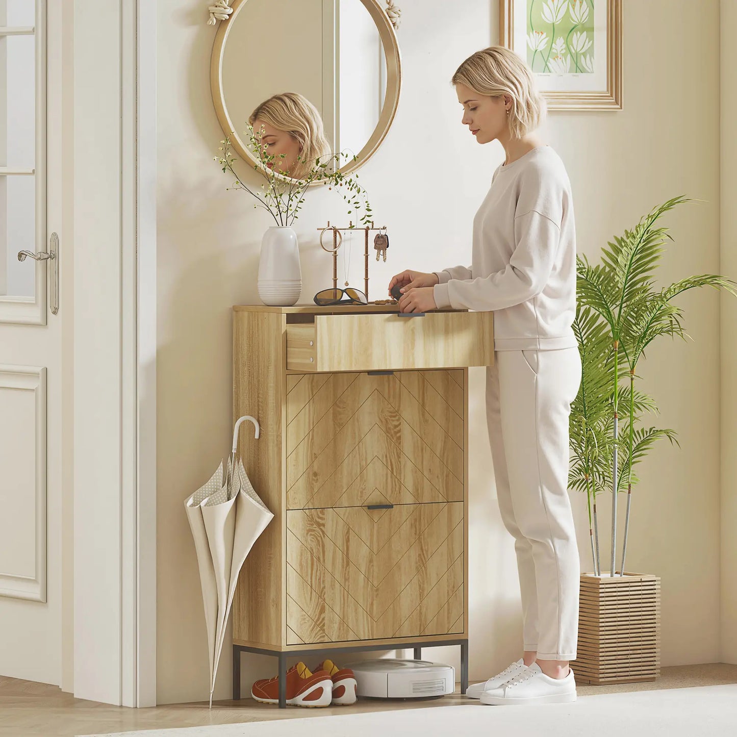 Narrow Shoe Storage Cabinet, Flip Drawers, Adjustable Shelves, Holds 8 Pairs, Oak Shoe Storage Cabinets & Racks at Gallery Canada