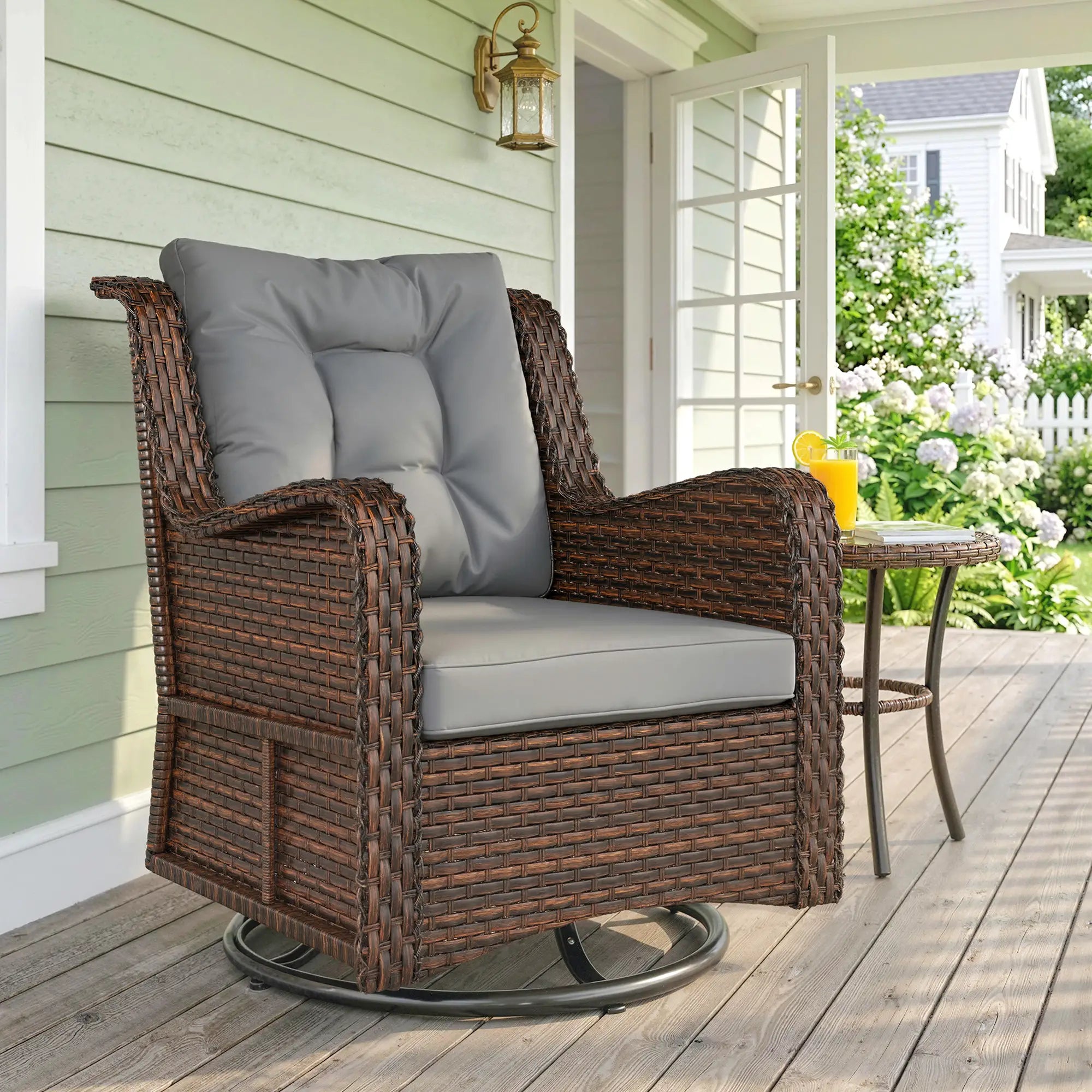 PE Rattan Swivel Patio Chair with Cushion, Dark Grey Patio Chairs at Gallery Canada