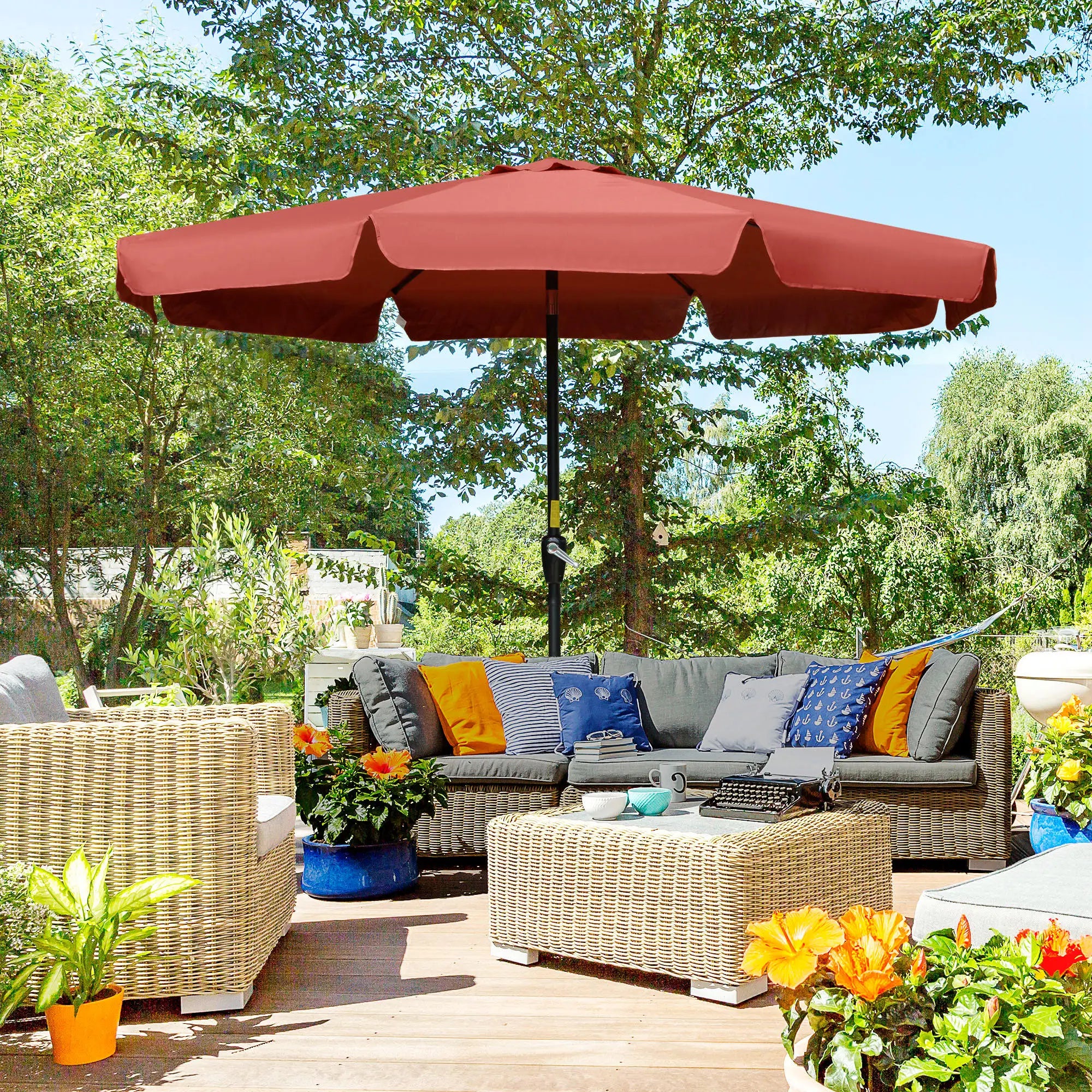 8.5 ft Round Patio Umbrella, Tilt and Crank, Wine Red Sun Umbrellas at Gallery Canada
