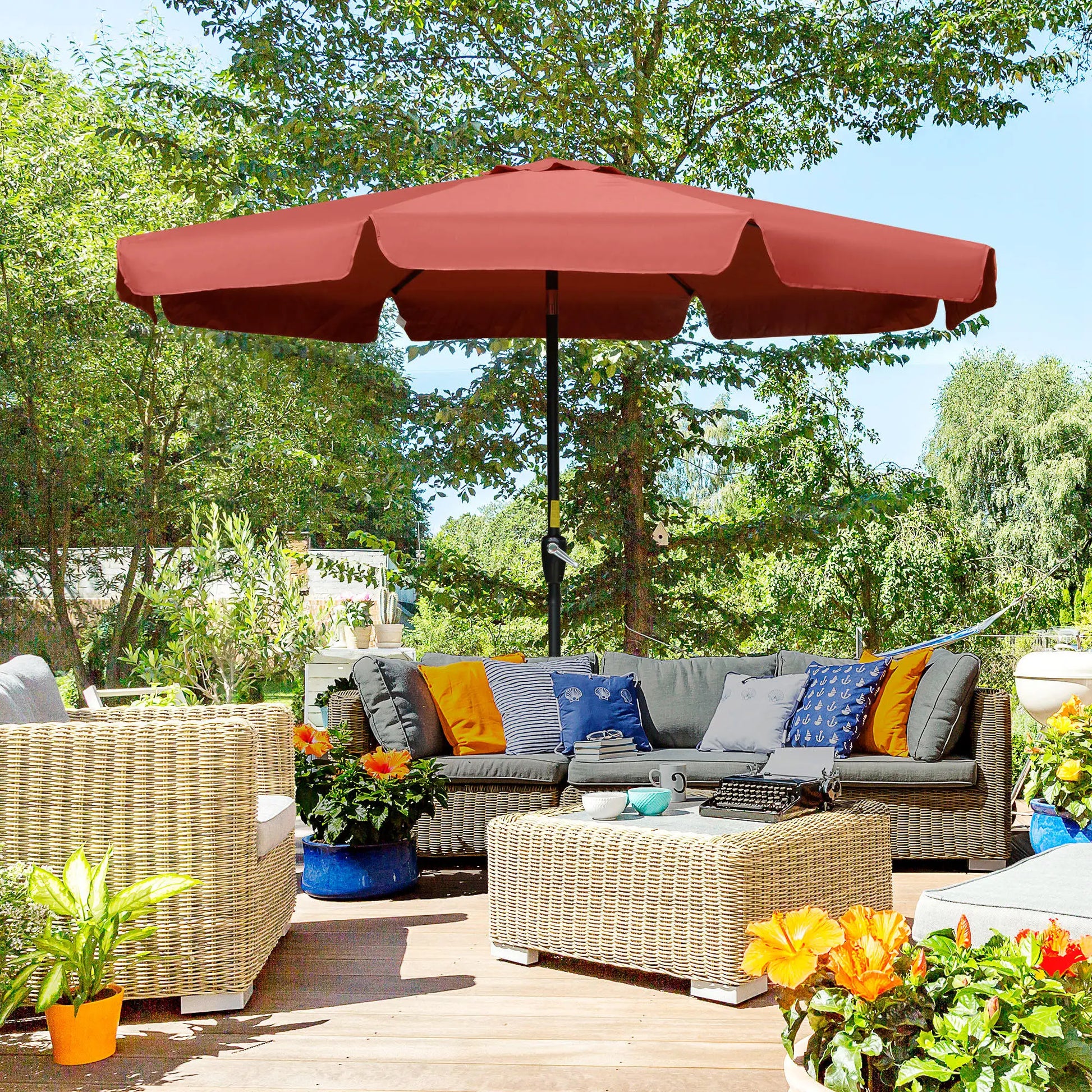 8.5 ft Round Patio Umbrella, Tilt and Crank, Wine Red Sun Umbrellas at Gallery Canada