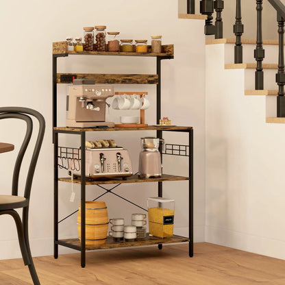 Kitchen Baker's Rack with Power Outlet, Coffee Bar Station with Adjustable Shelves and Hooks, Rustic Brown Bar Cabinets at Gallery Canada