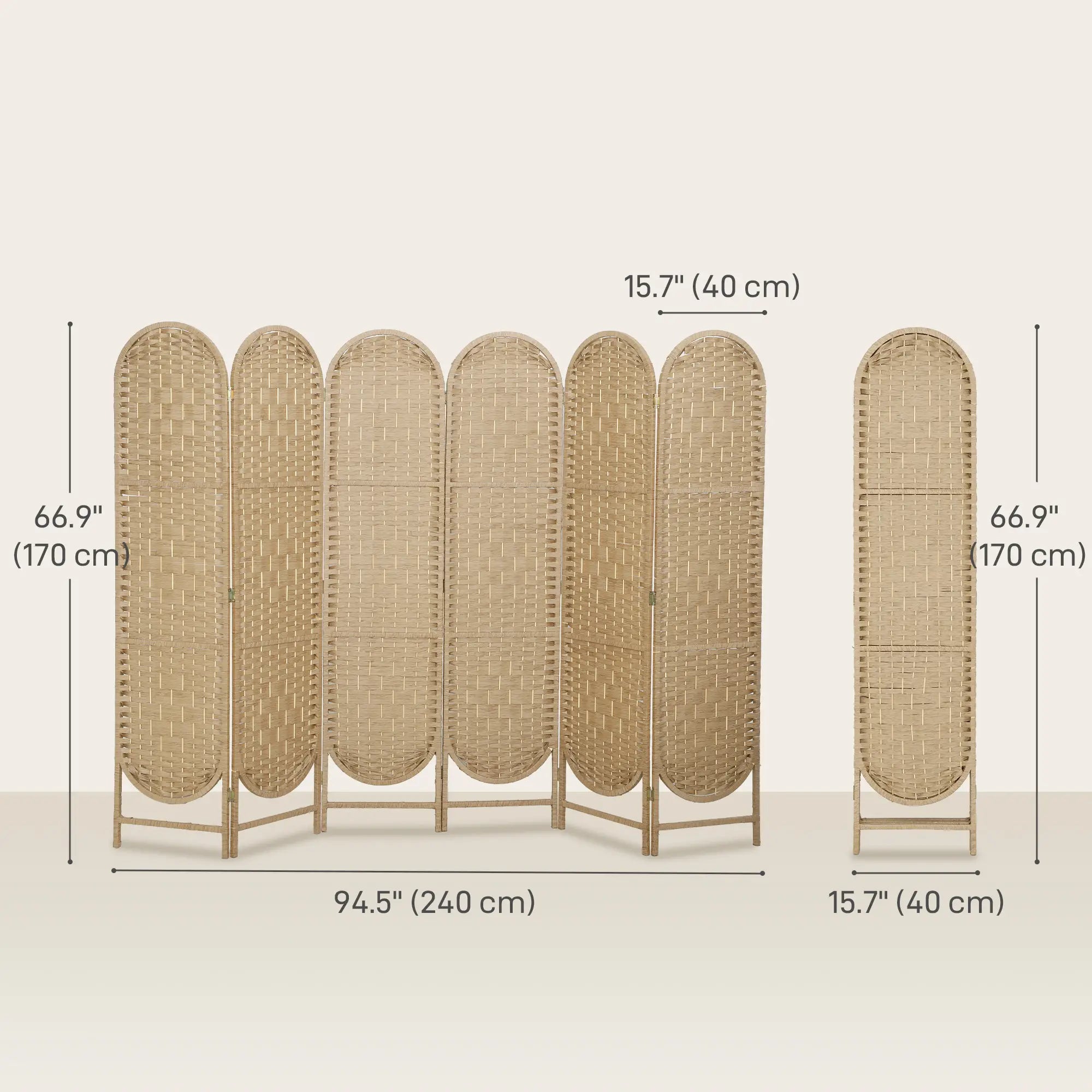 6 Panel Bohemian Privacy Screen, Arched Top Room Divider, Natural Wood Room Dividers at Gallery Canada