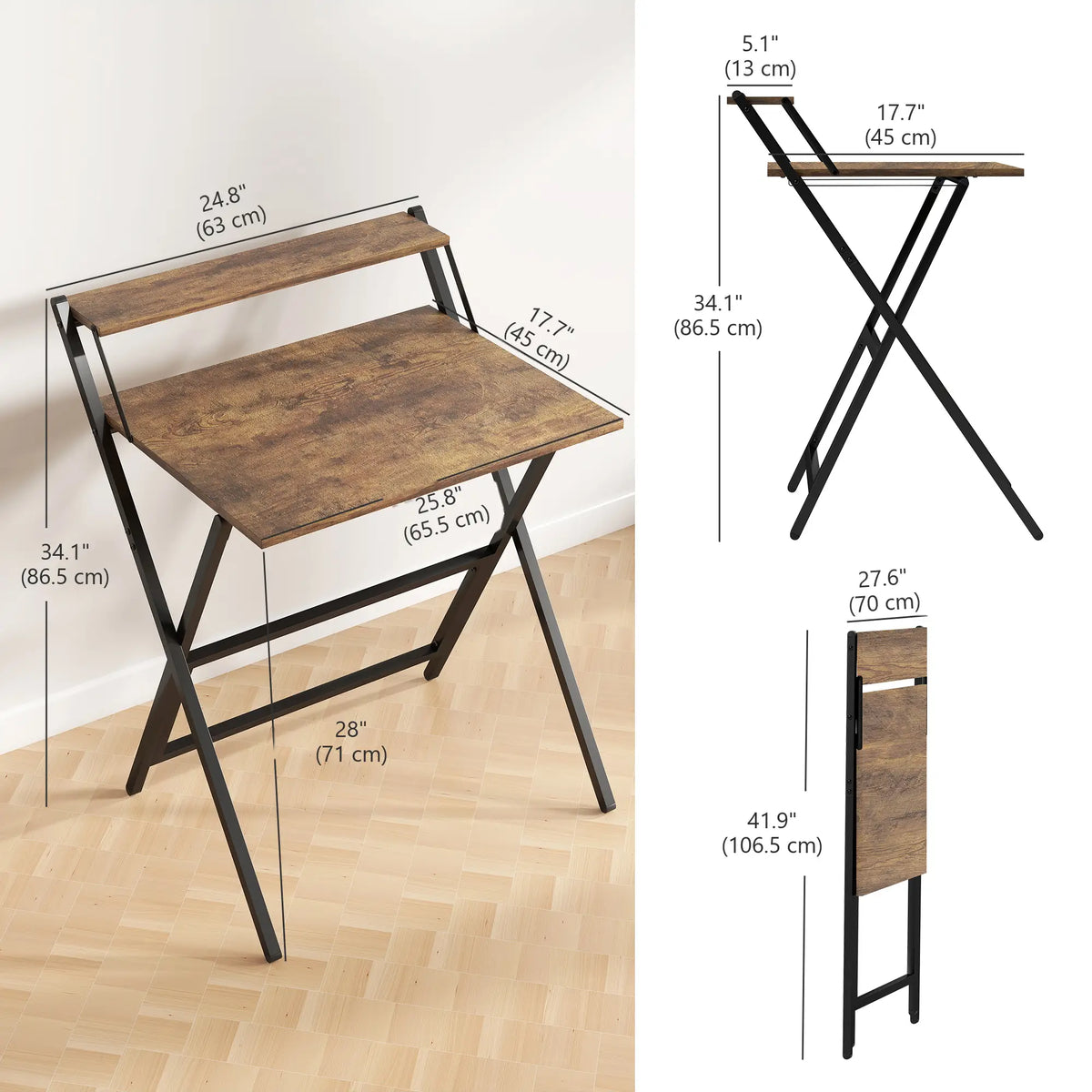 27.6" Folding Computer Desk, Rustic Brown, Monitor Shelf Writing Desks at Gallery Canada