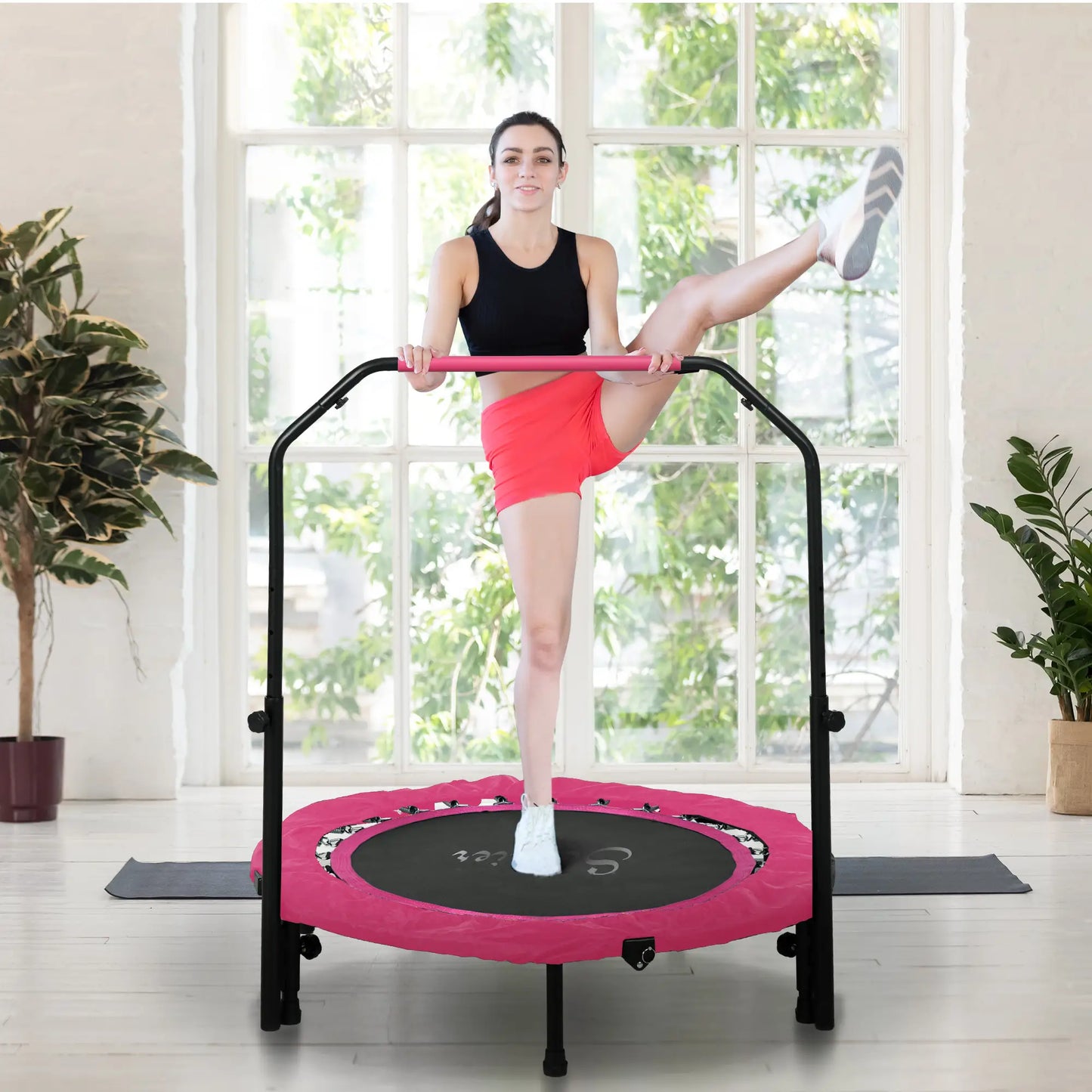 40" Foldable Mini Fitness Trampoline, Adjustable Foam Handle, Pink
