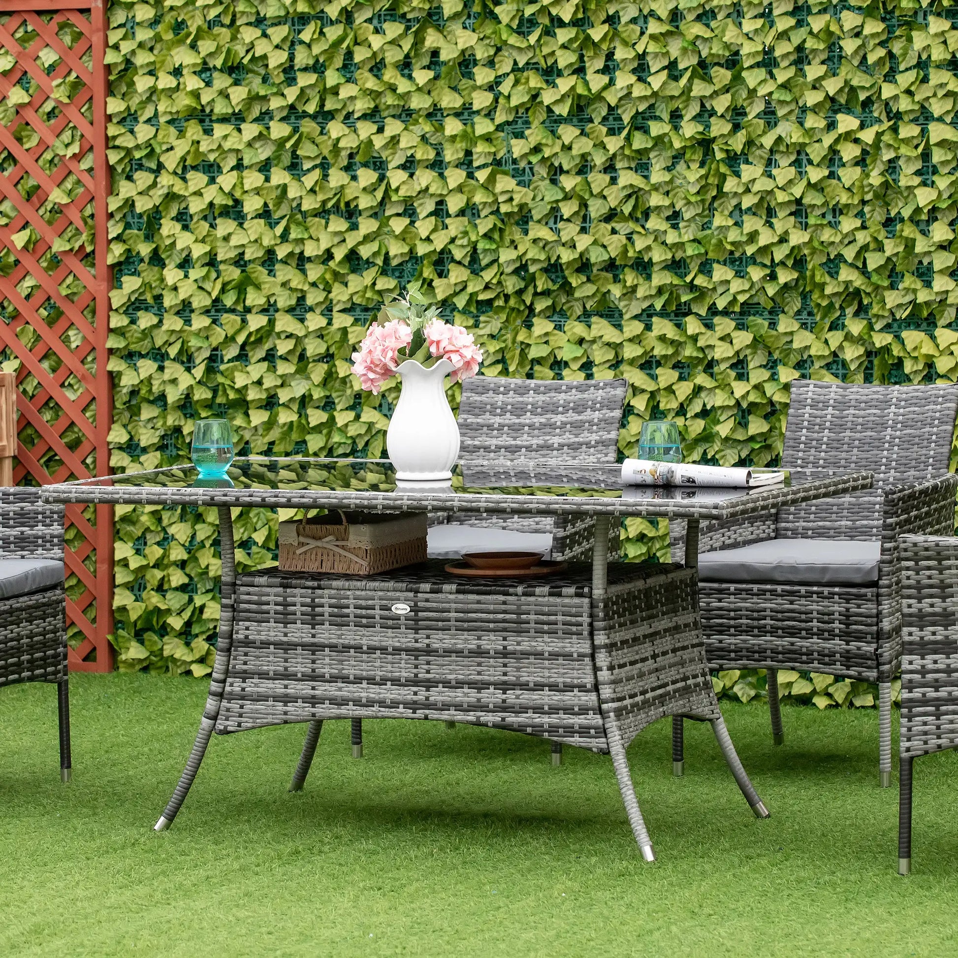 Garden Dining Table, Rattan with Glass Top, Storage Shelf, 59" x 34" x 29", Grey Outdoor Dining Sets at Gallery Canada