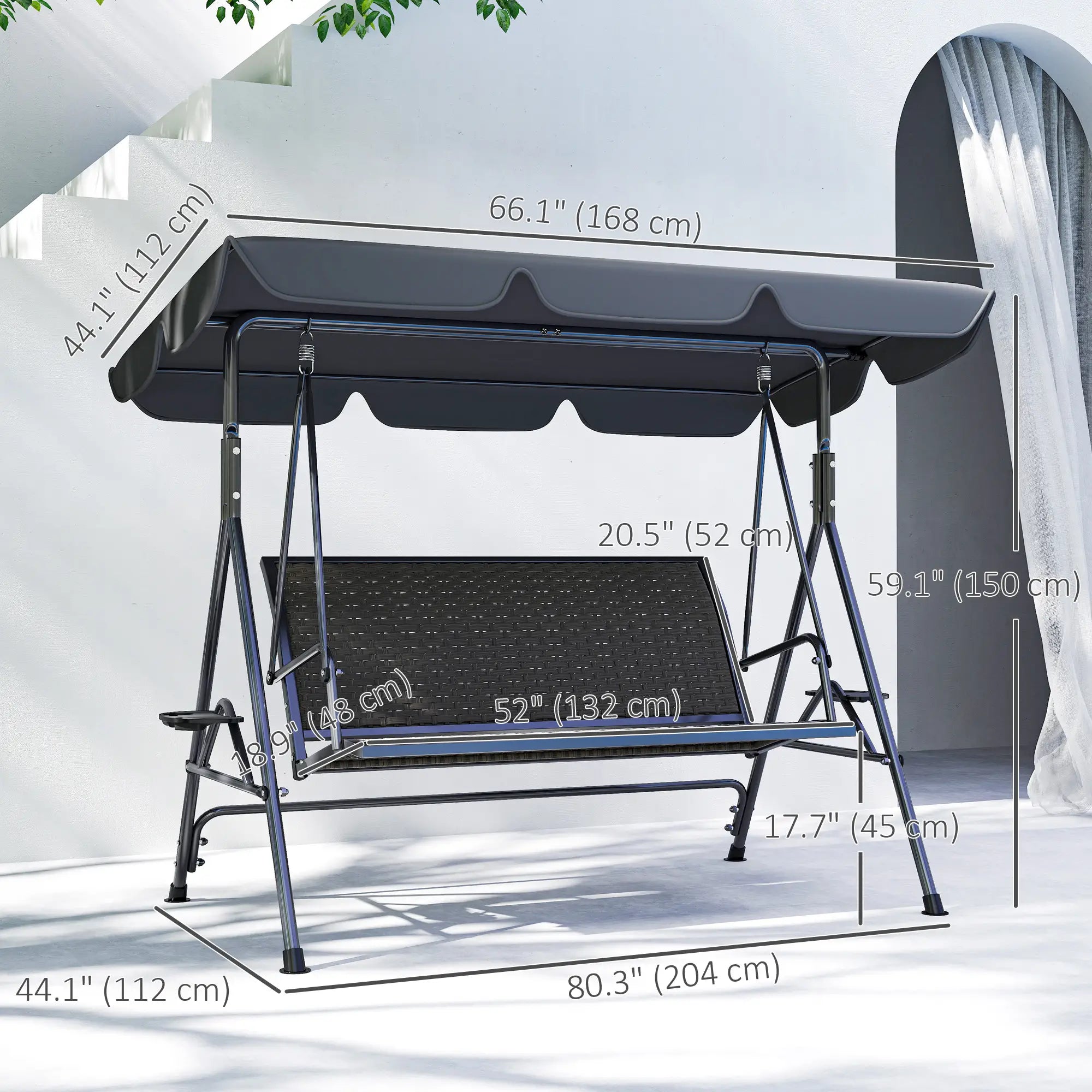 3-Seat Patio Swing Chair, Outdoor Canopy Swing Glider, Adjustable Shade, Grey Patio Swings with Stand at Gallery Canada
