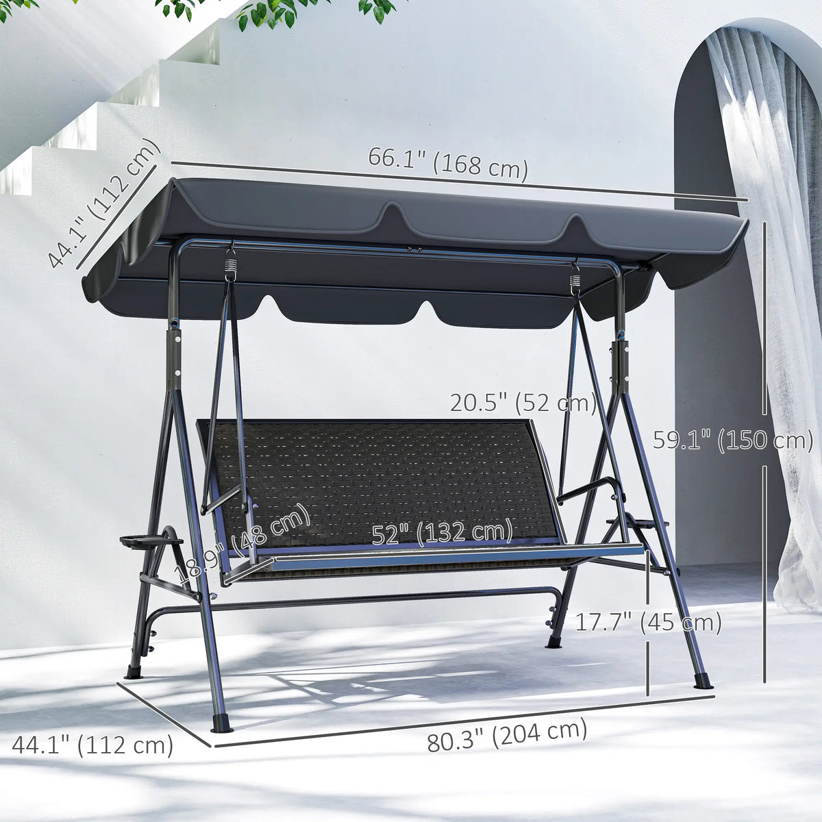 3-Seat Patio Swing Chair, Outdoor Canopy Swing Glider, Adjustable Shade, Grey Patio Swings with Stand at Gallery Canada
