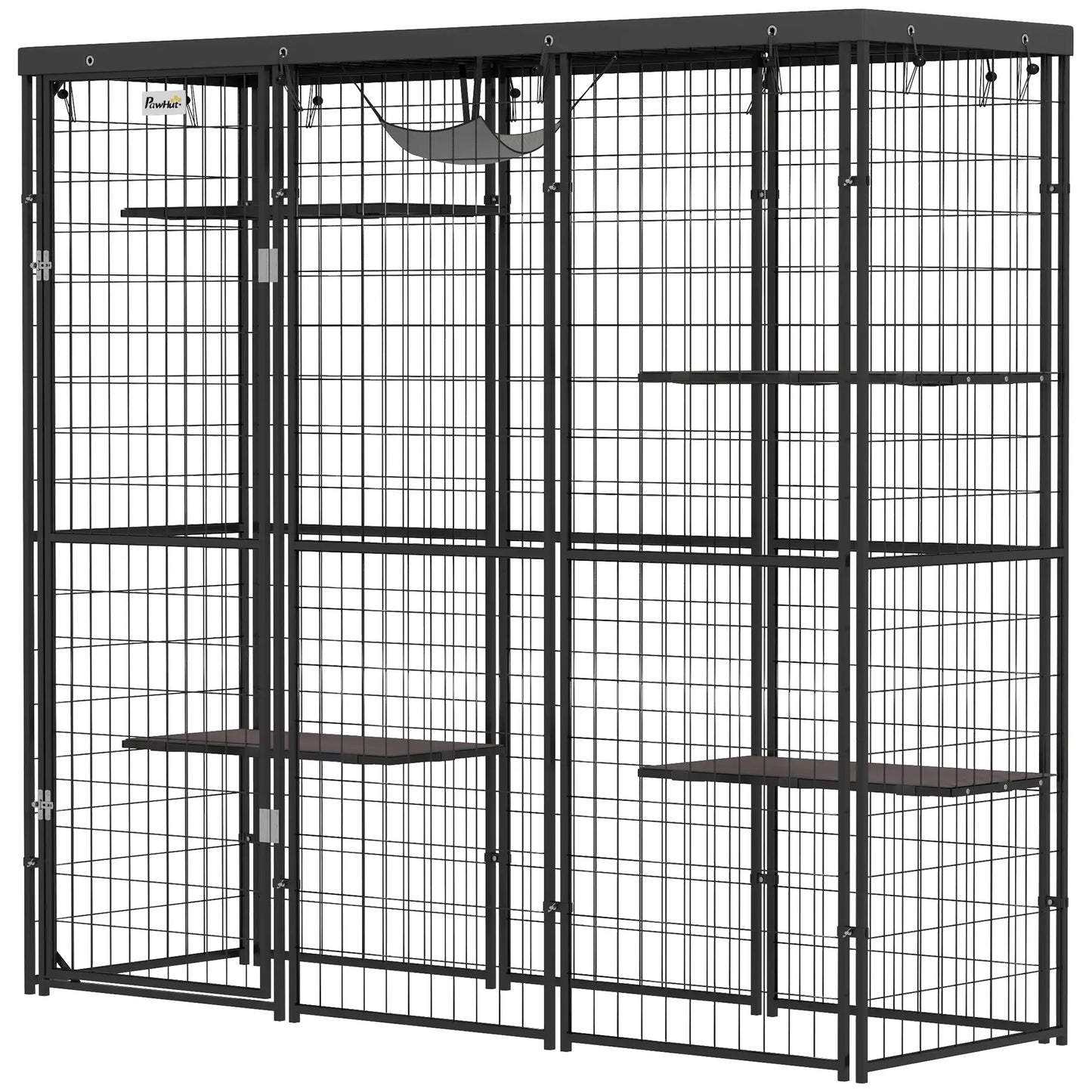 Wire Catio, 69" x 22" x 62", Waterproof Cover, 4 Platforms, Hammock, Black Outdoor Cat Enclosures Black at Gallery Canada