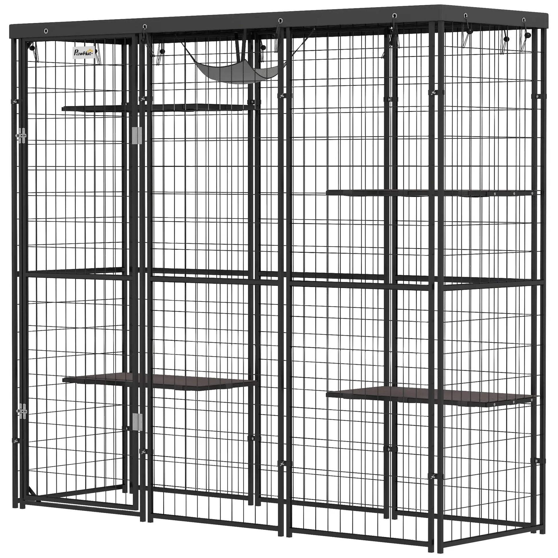 Wire Catio, 69" x 22" x 62", Waterproof Cover, 4 Platforms, Hammock, Black Outdoor Cat Enclosures Black at Gallery Canada