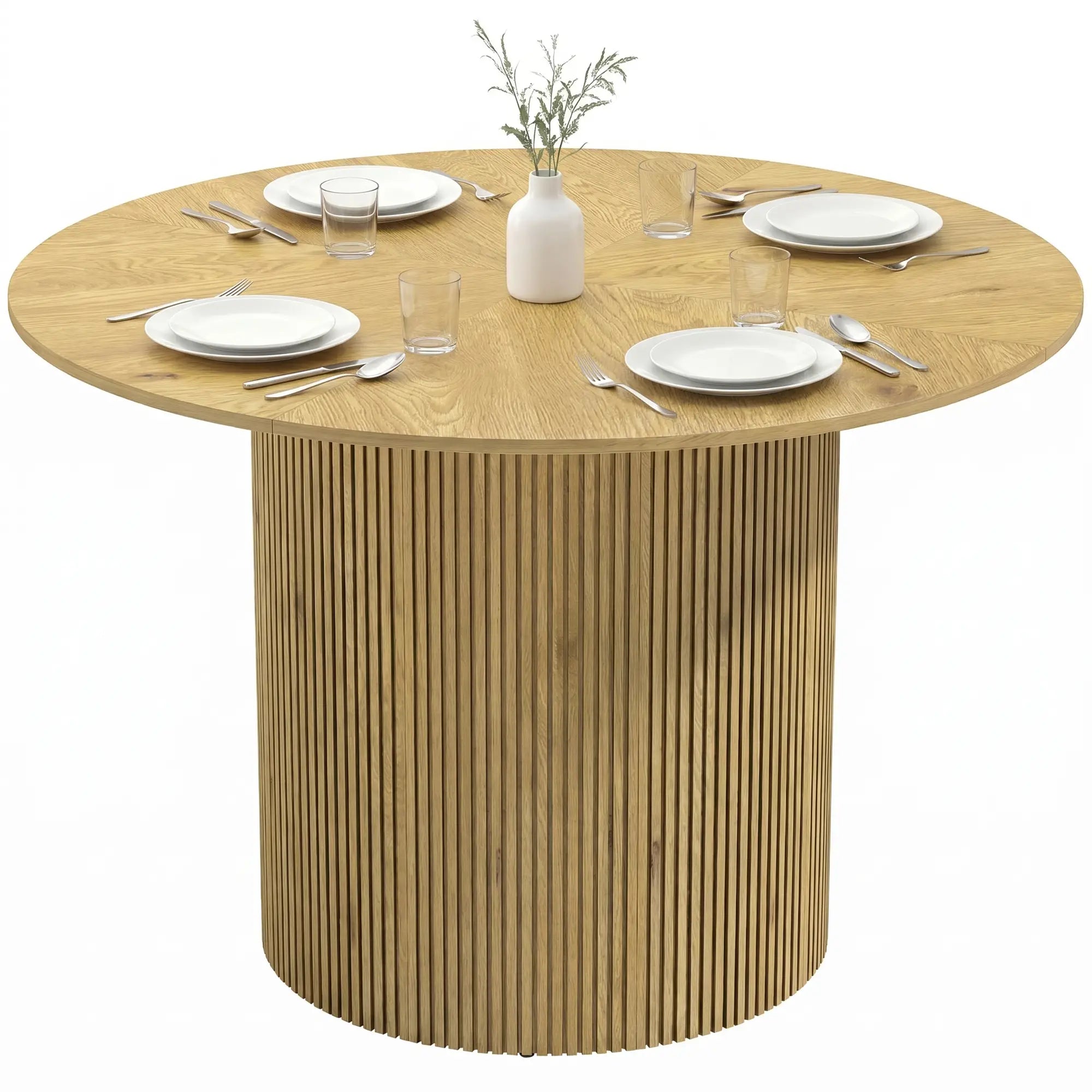 43.3 Inch Round Dining Table For 4-6, Fluted Pedestal, Oak Dining Tables at Gallery Canada