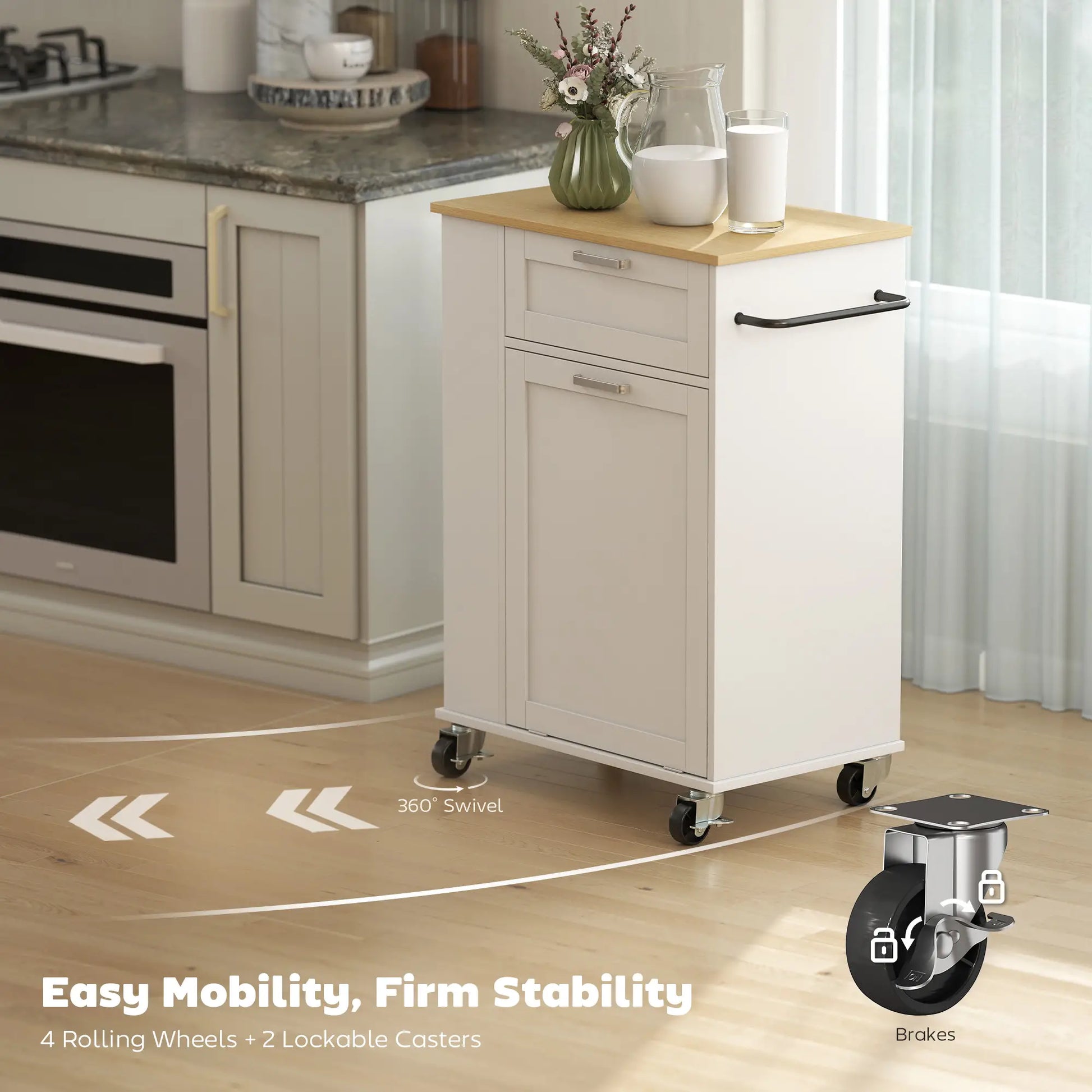 Rolling Kitchen Island with Trash Can Storage, Spice Rack, Drawer, White Kitchen Islands & Kitchen Carts at Gallery Canada