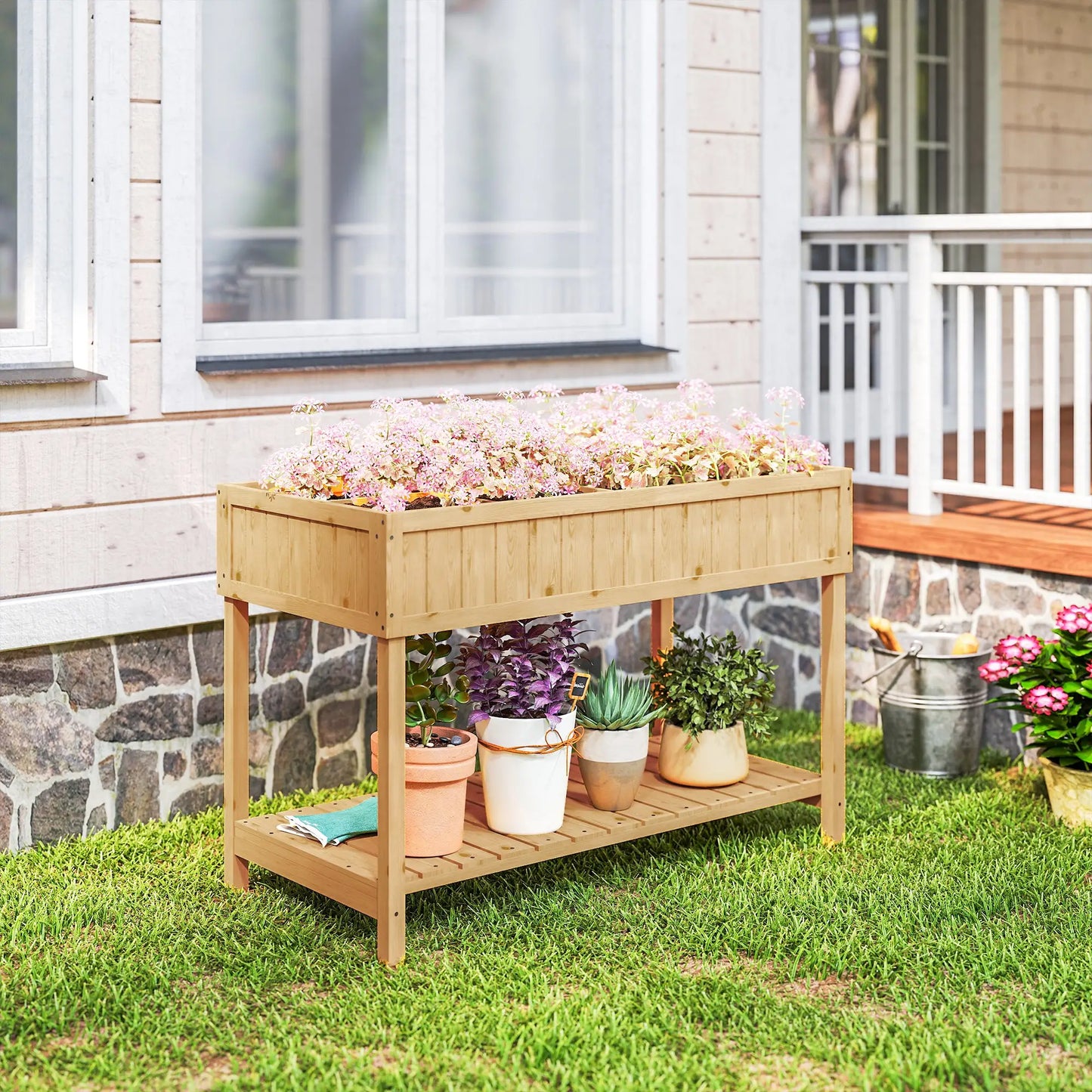 43.25" x 18" x 30" Raised Garden Bed, Wooden Plant Stand, 8 Grid Box, Natural Wood Elevated Garden Beds at Gallery Canada