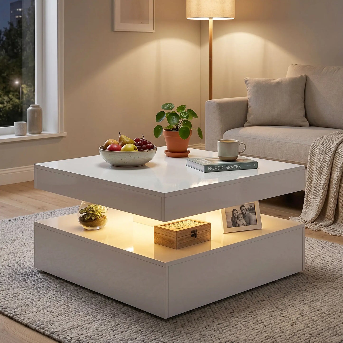 LED Coffee Table with Storage, 2-Tier Modern Center Table with Open Shelf and Remote for Living Room, High Gloss White