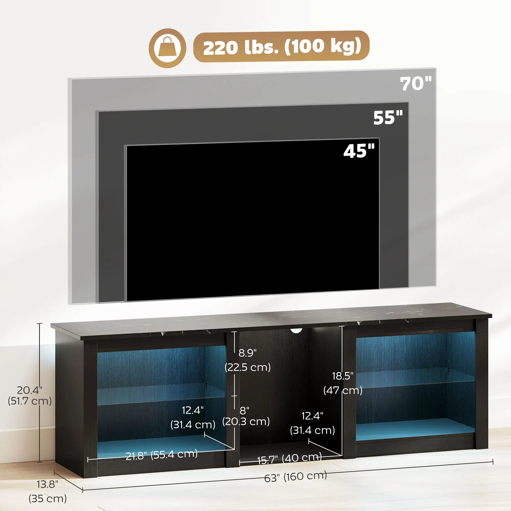 TV Stand With LED Lights, Adjustable Glass Shelves, For 65 Inch TVs, Black TV Stands at Gallery Canada