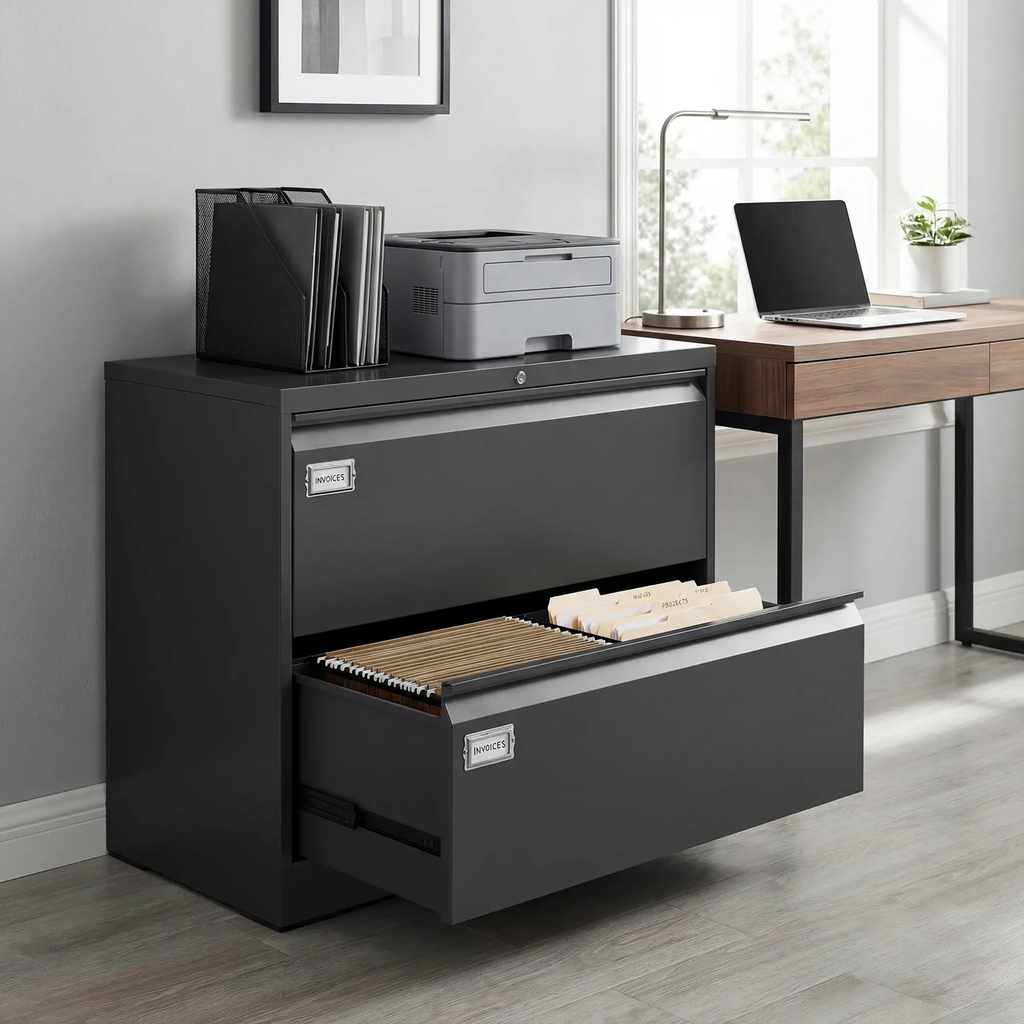 2 Drawer Lateral Filing Cabinet, Lockable Steel, A4 Letter Legal Size, Black Office Cabinets & Cupboards at Gallery Canada