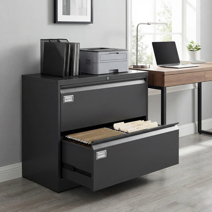 2 Drawer Lateral Filing Cabinet, Lockable Steel, A4 Letter Legal Size, Black Office Cabinets & Cupboards at Gallery Canada
