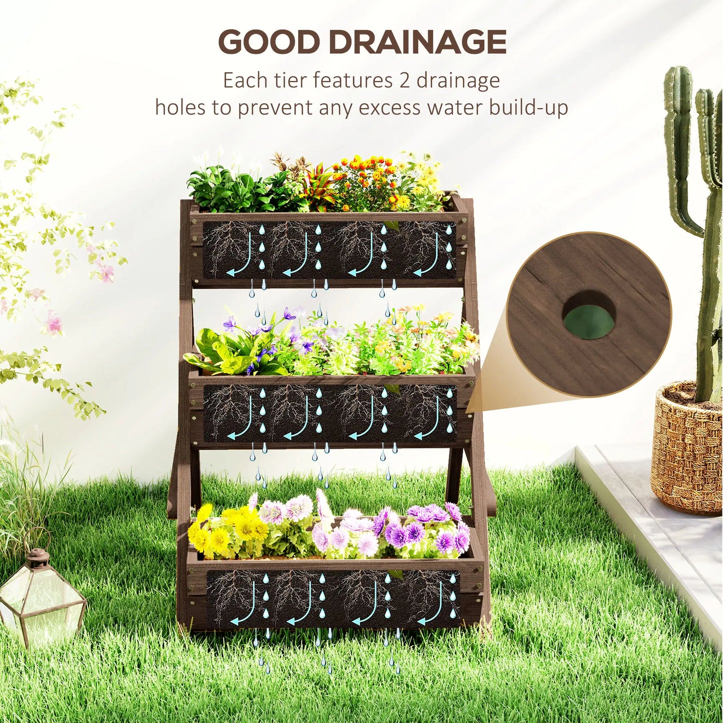 3 Tier Elevated Planter Box, Wooden Raised Garden Bed, 26" x 30" x 30", Carbonized Elevated Garden Beds at Gallery Canada