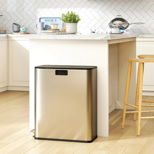 Dual Trash Can with Soft-Close Lid, Garbage Can with Removable Inner Bucket for Kitchen 14.8gal, Silver Household Supplies Silver Tone at Gallery Canada