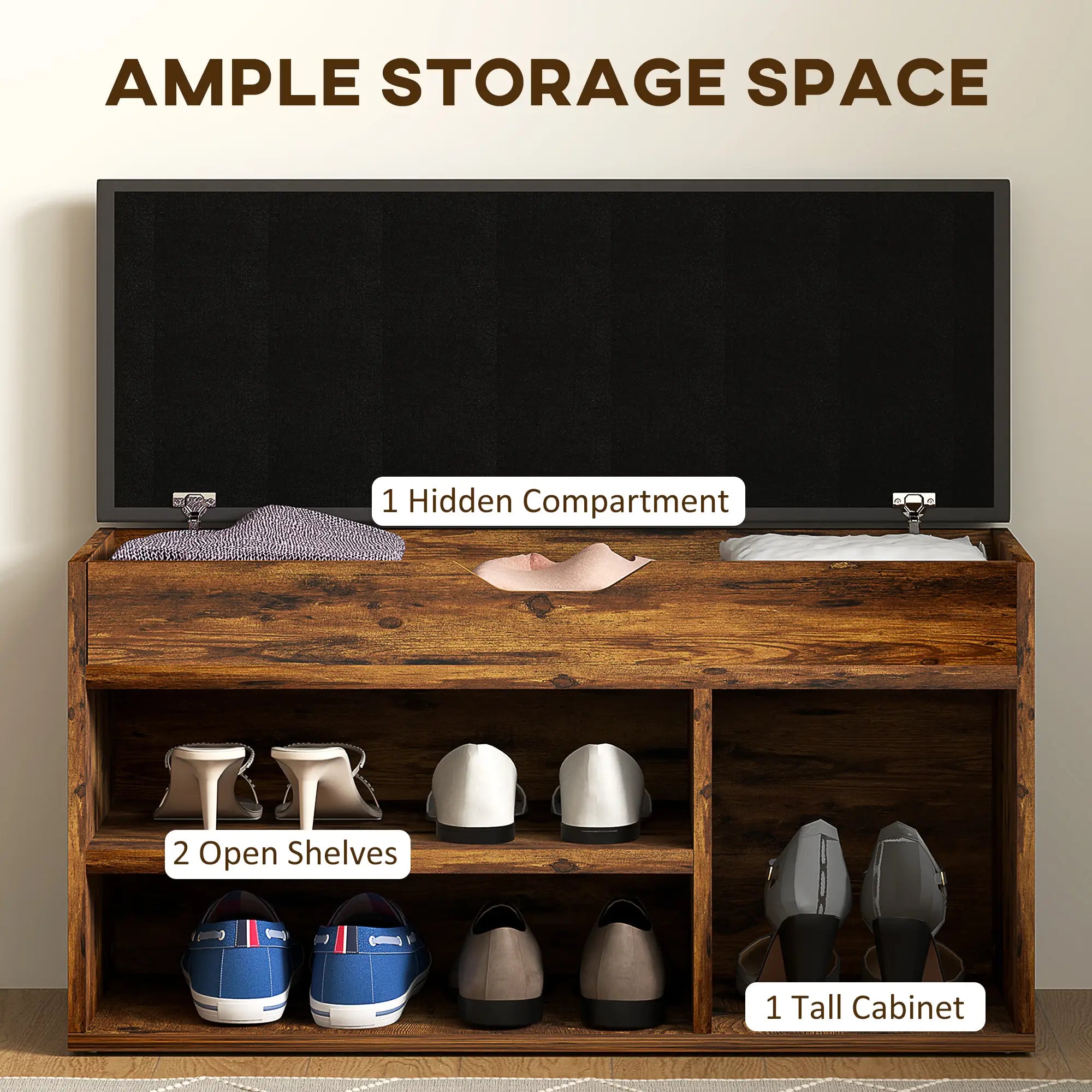 Shoe Bench with Padded Cushion, Hidden Storage, Rustic Brown Shoe Storage Cabinets & Racks at Gallery Canada