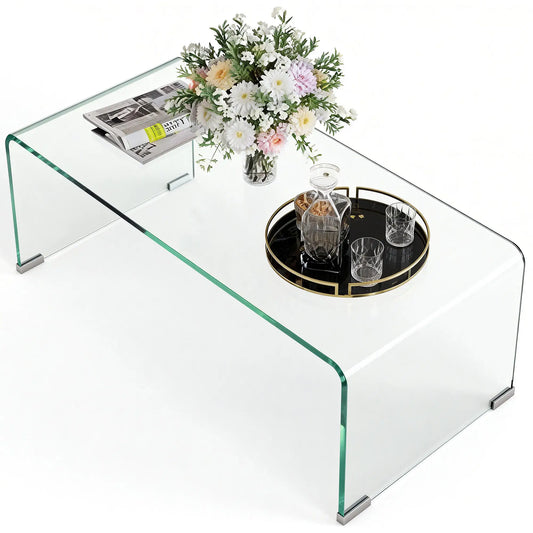 Clear Glass Coffee Table, Modern Rectangle Living Room Table, Safe Rounded Edges