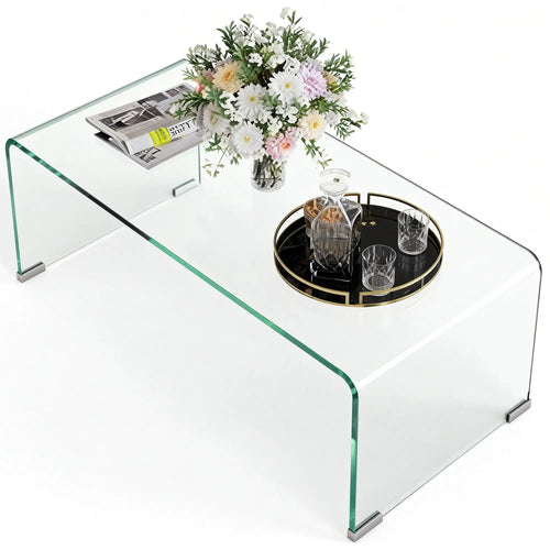 Clear Glass Coffee Table, Modern Rectangle Living Room Table, Safe Rounded Edges