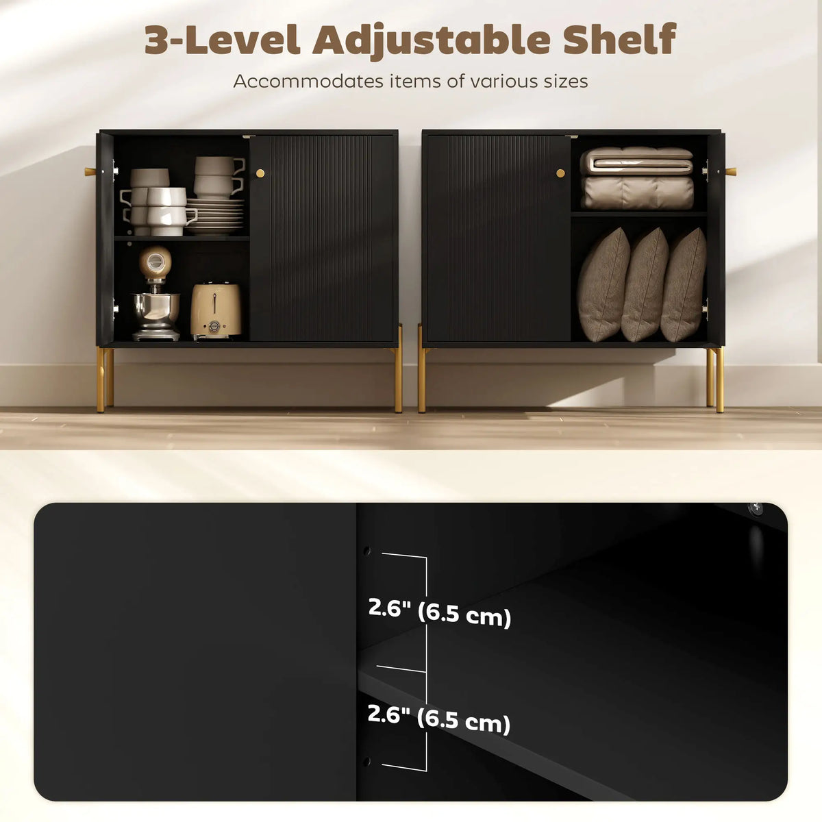 Sideboard, Modern Buffet Cabinet, Coffee Bar with Fluted Doors, Black Storage Cabinets at Gallery Canada