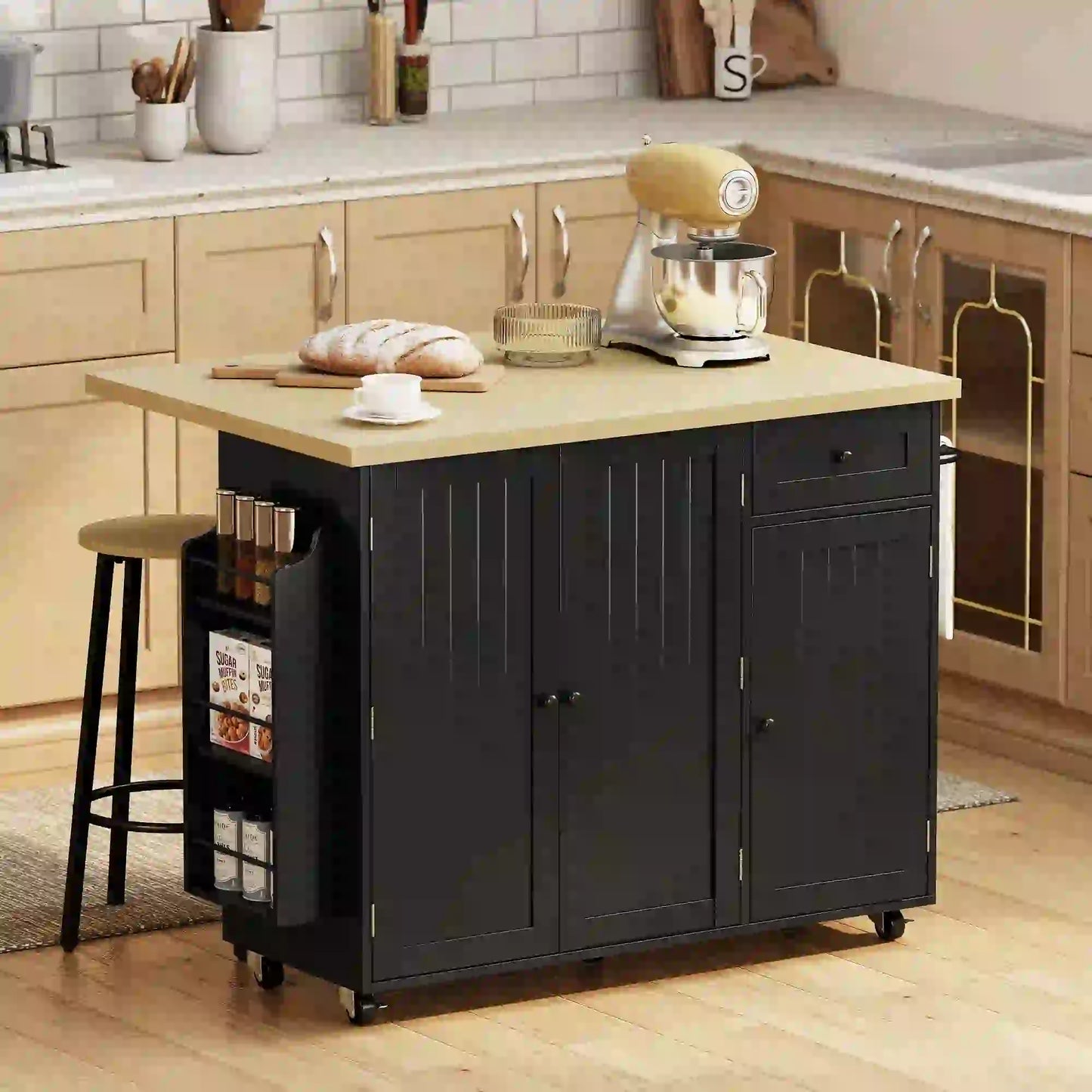 Kitchen Island Cart With Drop Leaf, Drawer, Rack, Black