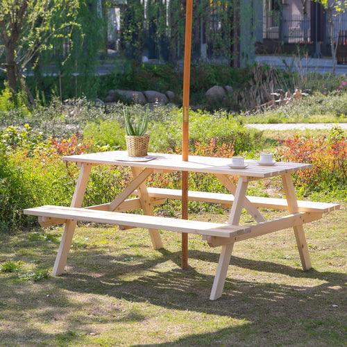 Wood Picnic Table, Camping Bench Set, Umbrella Hole, Outdoor, Natural