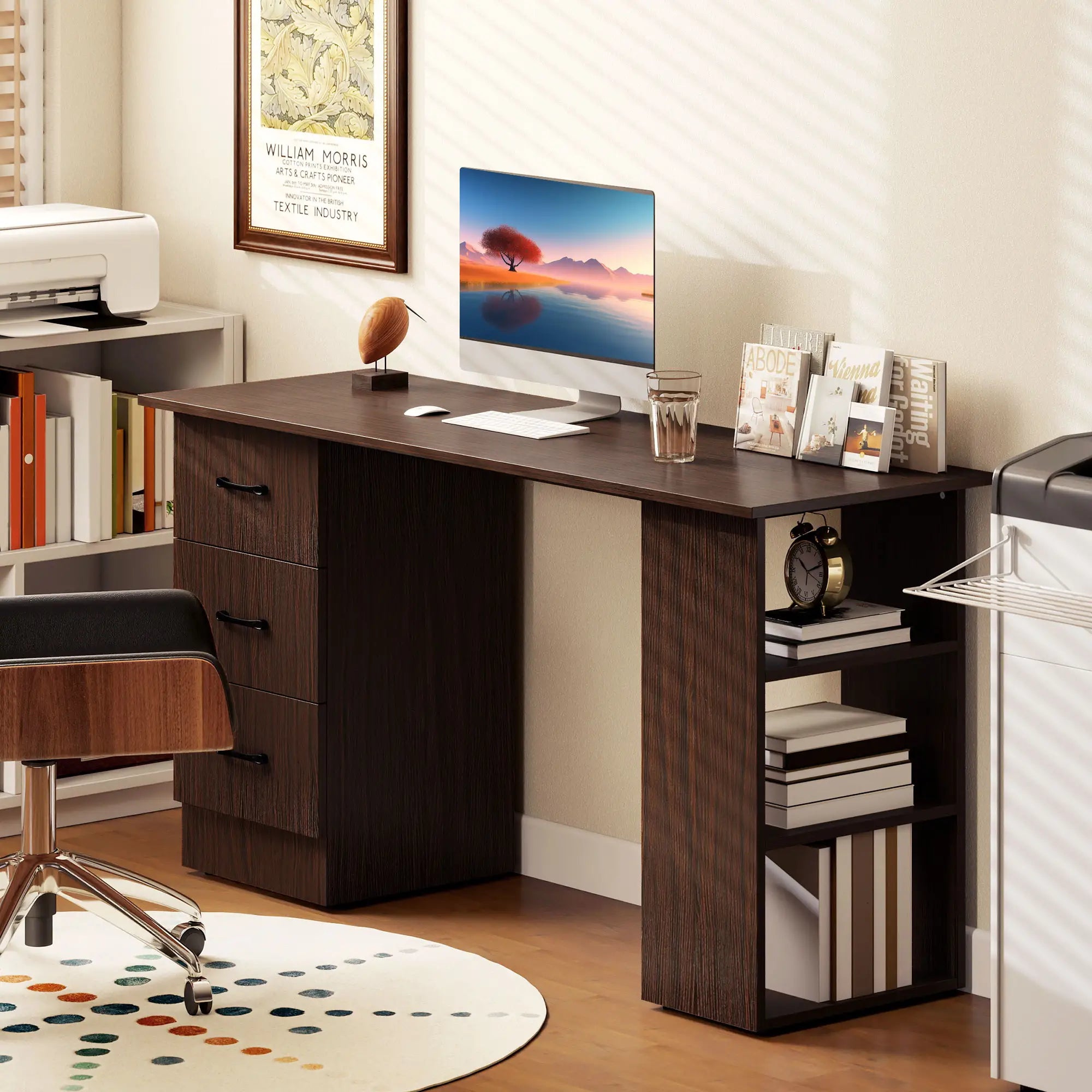 55 Inch Computer Desk, 3-Tier Shelves, 3 Reversible Drawers, Walnut Computer Desks at Gallery Canada