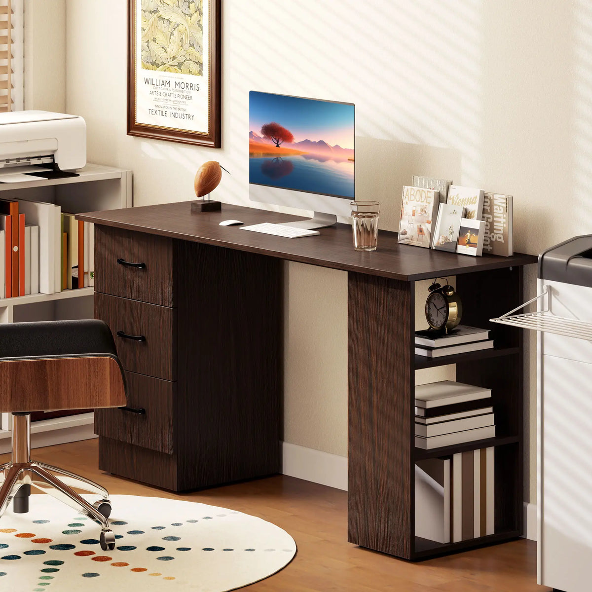 55 Inch Computer Desk, 3-Tier Shelves, 3 Reversible Drawers, Walnut Computer Desks at Gallery Canada