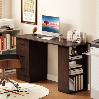 55 Inch Computer Desk, 3-Tier Shelves, 3 Reversible Drawers, Walnut Computer Desks at Gallery Canada