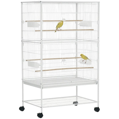 52" Large Rolling Steel Bird Cage, With Stand, Shelf, Perch, White Bird Cages White at Gallery Canada