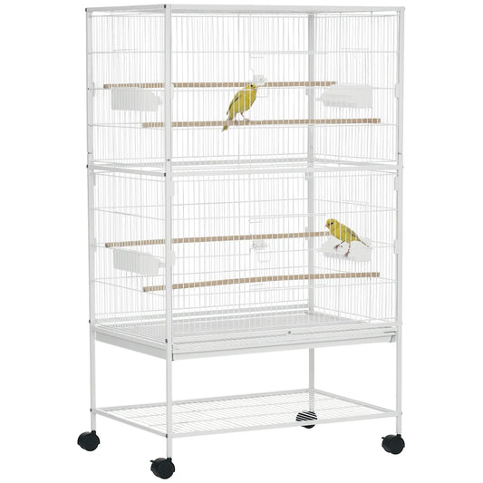 52" Large Rolling Steel Bird Cage, With Stand, Shelf, Perch, White Bird Cages White at Gallery Canada
