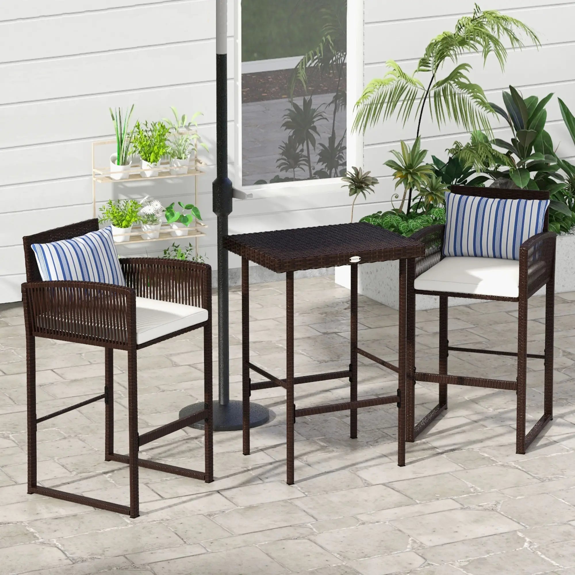 3-Piece Wicker Bar Set, Patio Table with Cushions, 25.2