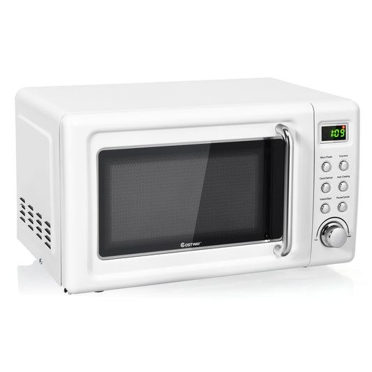 700W Retro Countertop Microwave Oven with 5 Micro Power and Auto Cooking Function, White