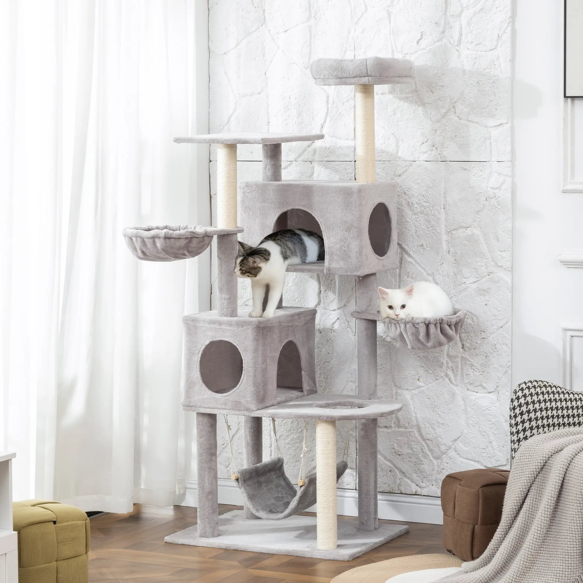 66 Inch Cat Tree with 2 Door Condos, 3 Hammocks, Perch, Scratching Posts, Light Grey Cat Trees at Gallery Canada
