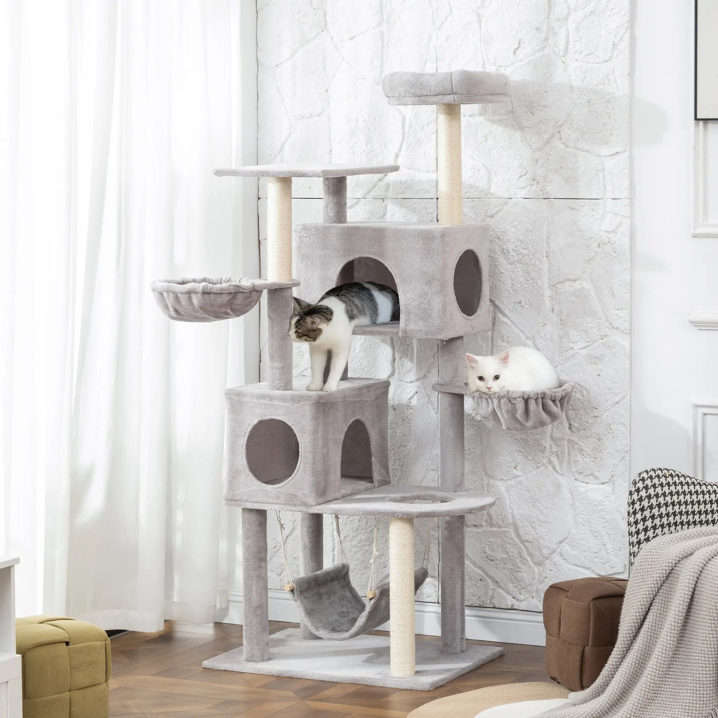 66 Inch Cat Tree with 2 Door Condos, 3 Hammocks, Perch, Scratching Posts, Light Grey Cat Trees at Gallery Canada