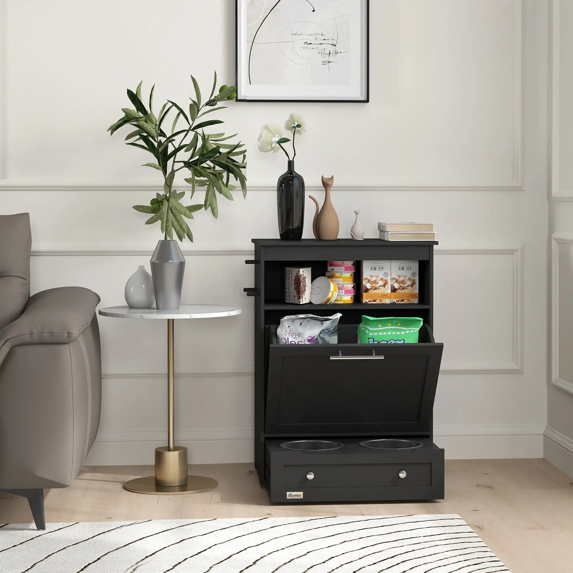 Pet Feeder Station, Dog Food Storage Cabinet with Bowls, Black Dog Bowls at Gallery Canada