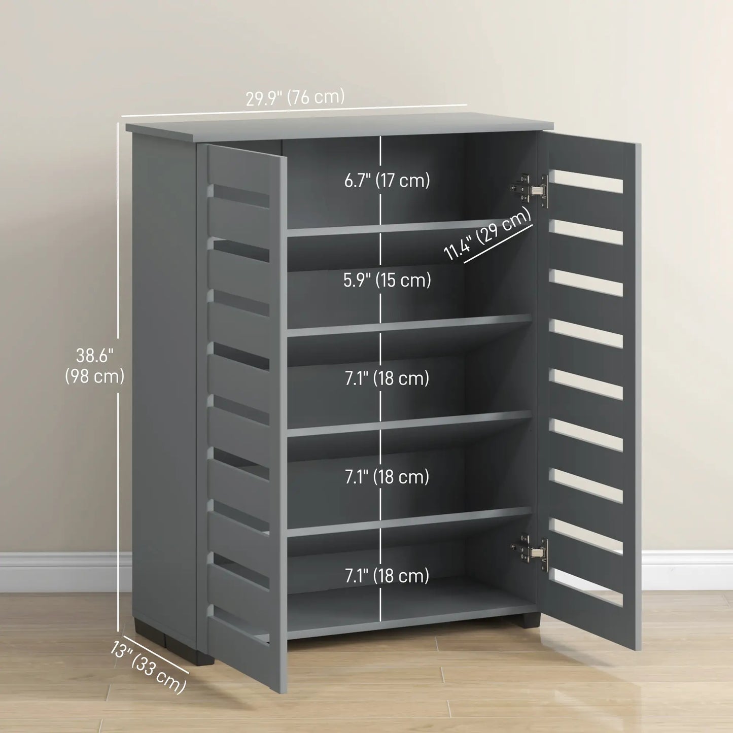 Shoe Storage Cabinet, 2 Slatted Doors, Holds 15 Pairs, Dark Grey Shoe Storage Cabinets & Racks at Gallery Canada