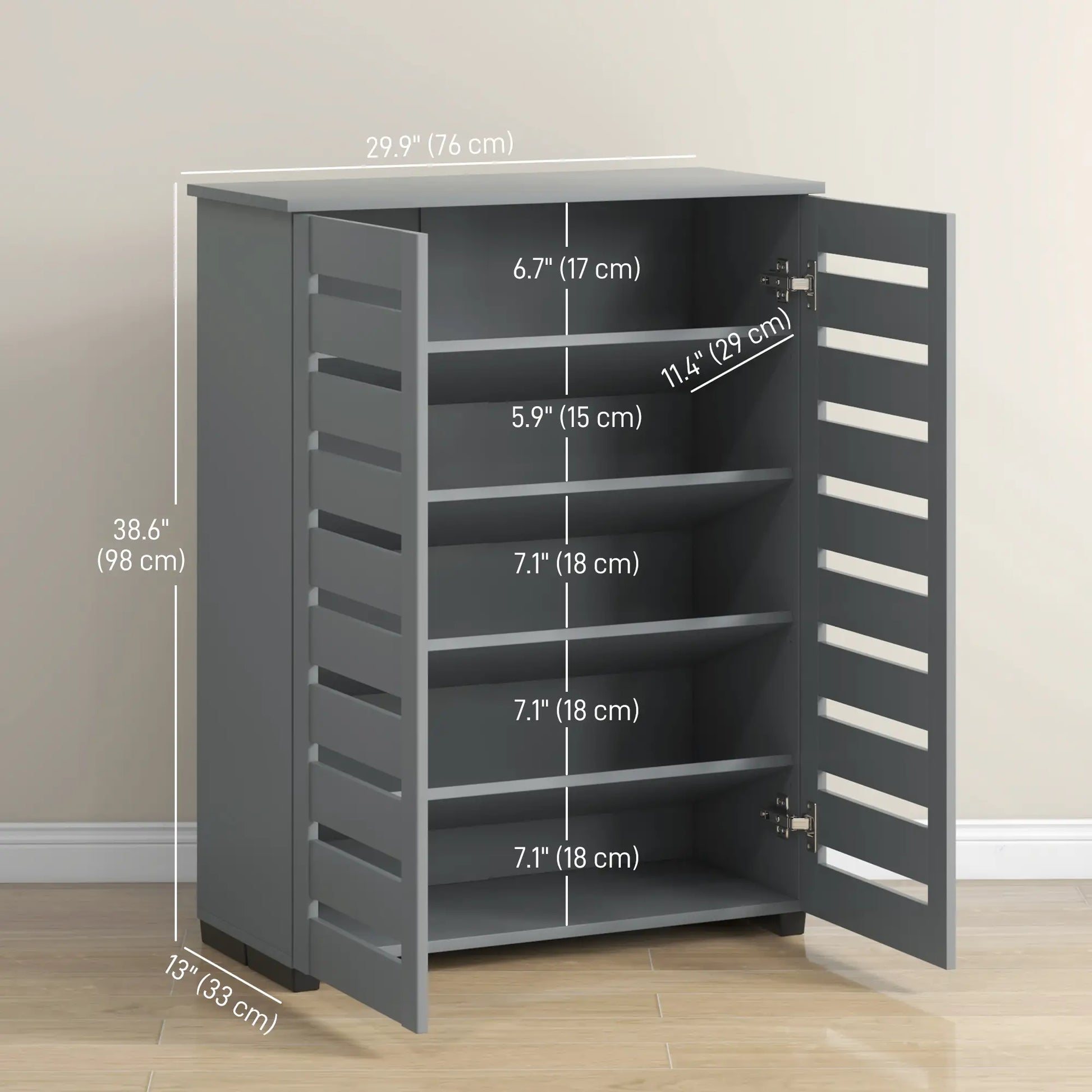 Shoe Storage Cabinet, 2 Slatted Doors, Holds 15 Pairs, Dark Grey Shoe Storage Cabinets & Racks at Gallery Canada